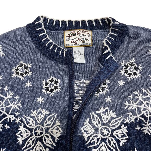 Heirloom Collectibles L Polar Bear Zip Sweater | Embroidered Snowflakes Holiday - Picture 7 of 10